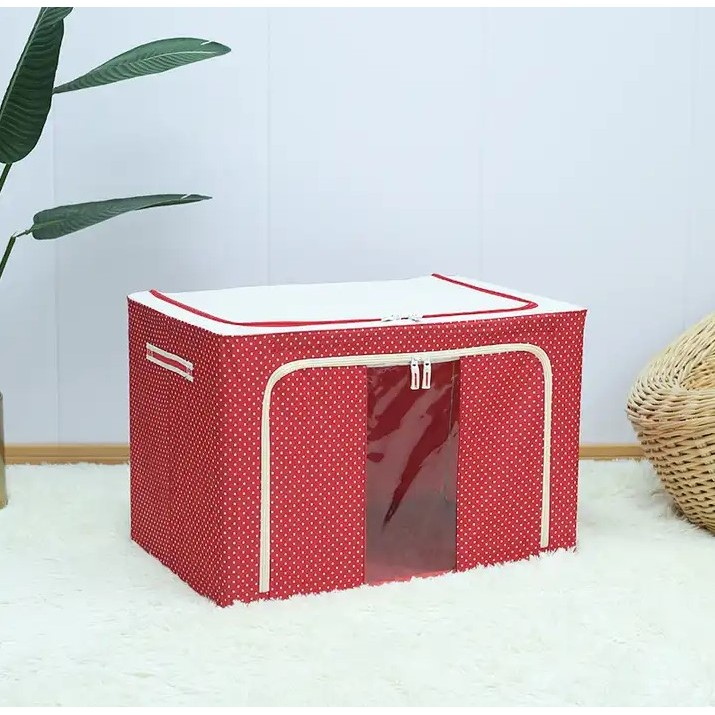 Cutie de depozitare pliabila, 66 l, din tesatura oxford, 50x40x33 cm, fereastra frontala, 2 usi de acces cu fermoar bidirectional, cadru metalic, suport baza stabil din plastic, imprimeu buline, rosu [3]