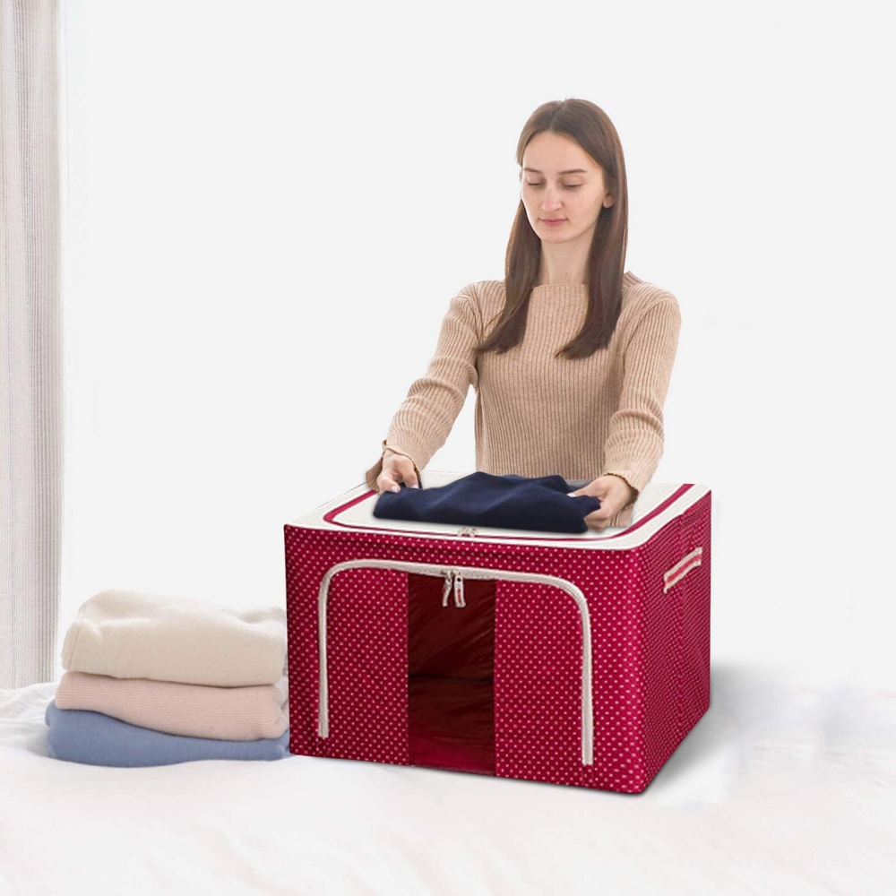 Cutie de depozitare pliabila, 66 l, din tesatura oxford, 50x40x33 cm, fereastra frontala, 2 usi de acces cu fermoar bidirectional, cadru metalic, suport baza stabil din plastic, imprimeu buline, rosu [2]