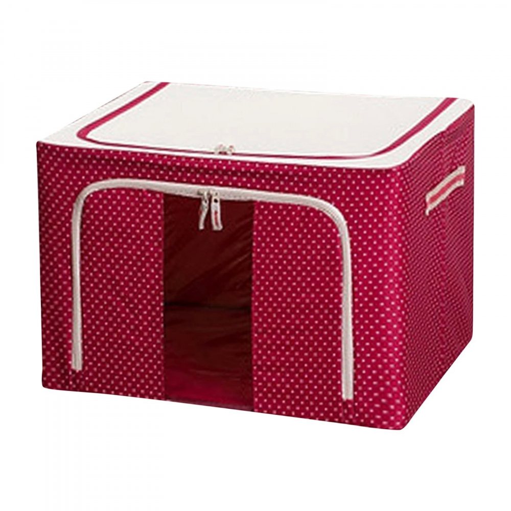 Cutie de depozitare pliabila, 66 l, din tesatura oxford, 50x40x33 cm, fereastra frontala, 2 usi de acces cu fermoar bidirectional, cadru metalic, suport baza stabil din plastic, imprimeu buline, rosu [4]