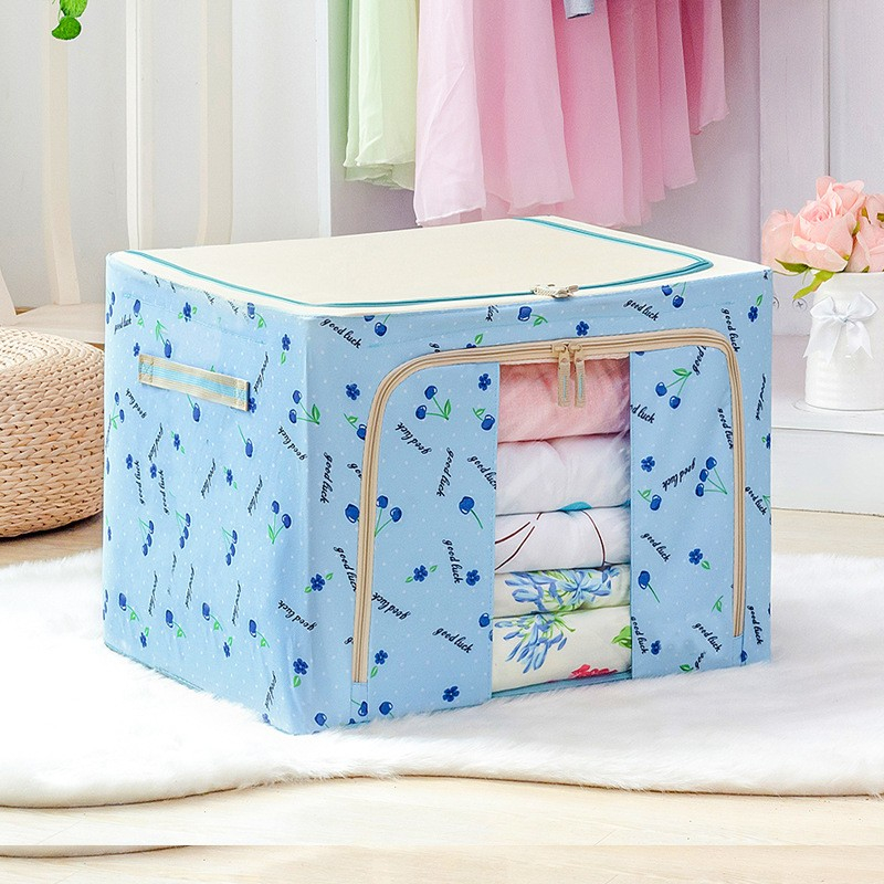 Cutie de depozitare pliabila, 66 l, din tesatura oxford, 50x40x33 cm, fereastra frontala, 2 usi de acces cu fermoar bidirectional, cadru metalic, suport baza stabil din plastic, imprimeu cirese, albastru [2]
