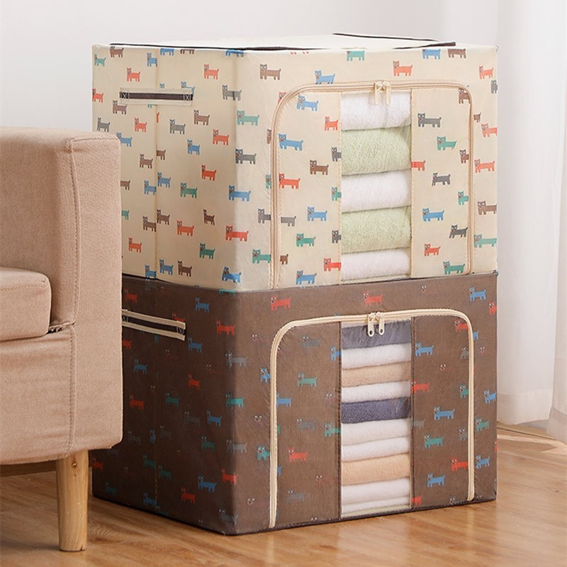 Cutie de depozitare pliabila, 66 l, din tesatura oxford, 50x40x33 cm, fereastra frontala, 2 usi de acces cu fermoar bidirectional, cadru metalic, suport baza stabil din plastic, imprimeu catelusi, maro [5]
