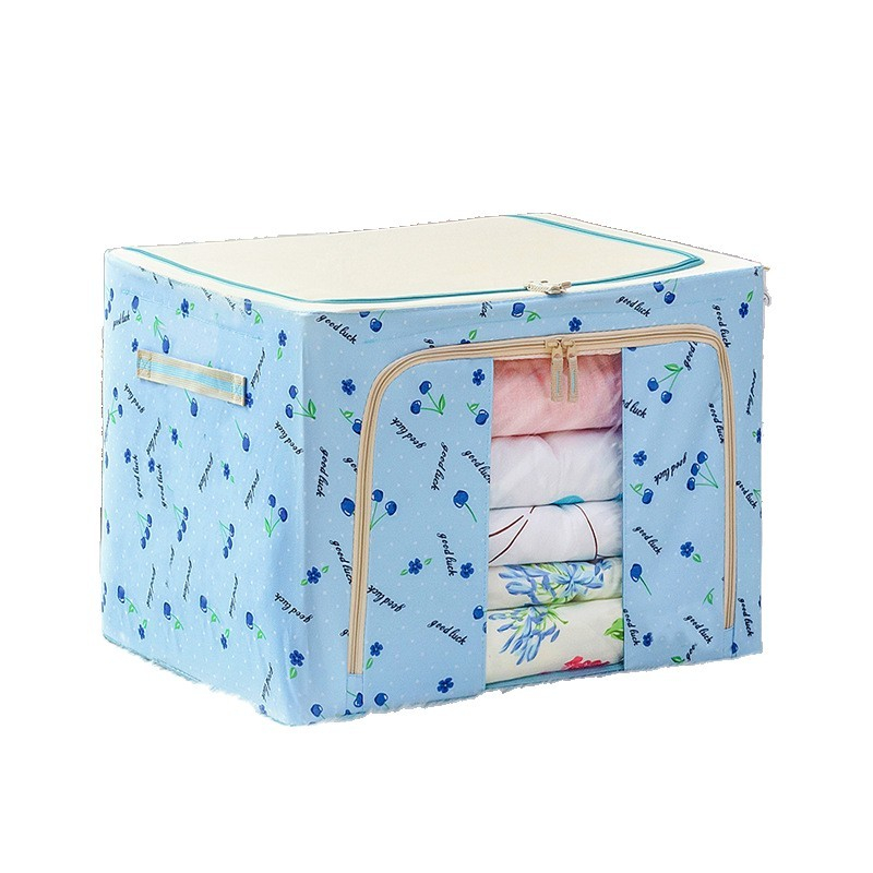 Cutie de depozitare pliabila, 66 l, din tesatura oxford, 50x40x33 cm, fereastra frontala, 2 usi de acces cu fermoar bidirectional, cadru metalic, suport baza stabil din plastic, imprimeu cirese, albastru [3]