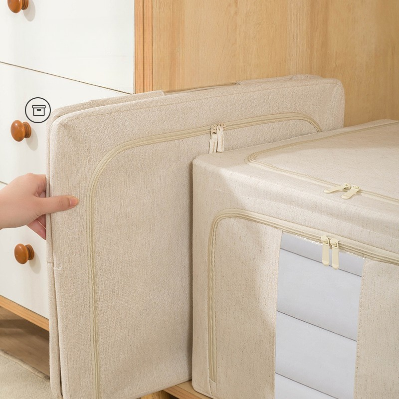 Cutie de depozitare pliabila, cu fereastra si fermoar dublu, 66 l, textil premium, 50x40x33 cm, cadru metalic, impermeabila, bej [29]