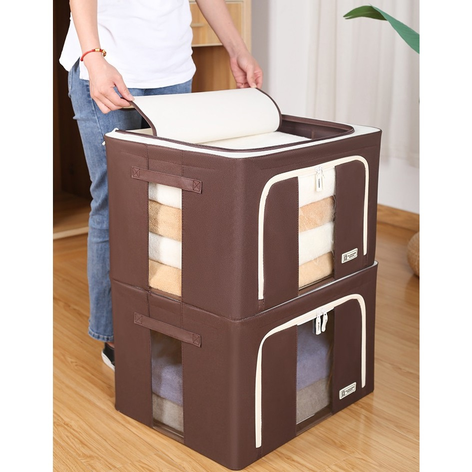 Cutie de depozitare pliabila, cu fereastra si fermoar dublu, 66 l, textil premium, 50x40x33 cm, cadru metalic, impermeabila, maro [2]