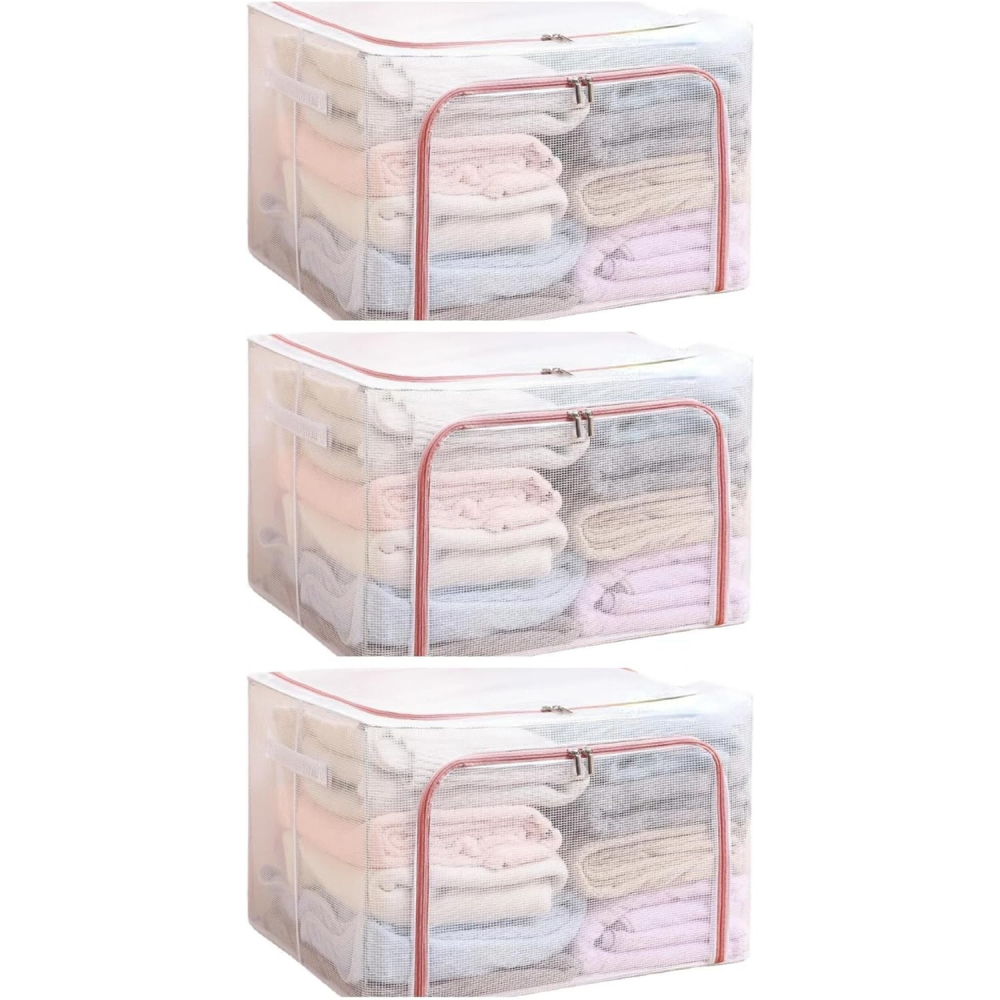 Cutie de depozitare pliabila, cu fereastra si fermoar dublu rosu, 66 l, textil, 50x40x33 cm, cadru metalic, impermeabila, transparent [4]