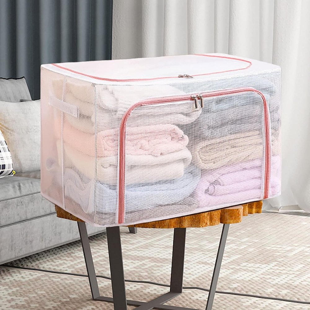 Cutie de depozitare pliabila, cu fereastra si fermoar dublu rosu, 66 l, textil, 50x40x33 cm, cadru metalic, impermeabila, transparent [5]