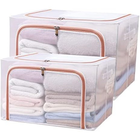 Cutie de depozitare pliabila, cu fereastra si fermoar dublu rosu, 66 l, textil, 50x40x33 cm, cadru metalic, impermeabila, transparent [6]