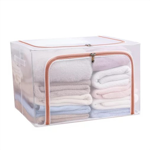 Cutie de depozitare pliabila, cu fereastra si fermoar dublu rosu, 66 l, textil, 50x40x33 cm, cadru metalic, impermeabila, transparent [3]