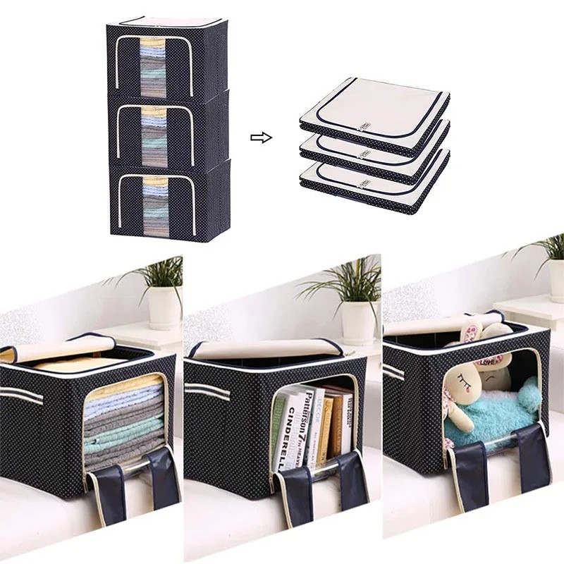 Cutie de depozitare pliabila, cu fermoar, 100 l, textil, 60x42x40 cm, albastru marin, cadru metalic, suport baza stabil din plastic, imprimeu buline [7]