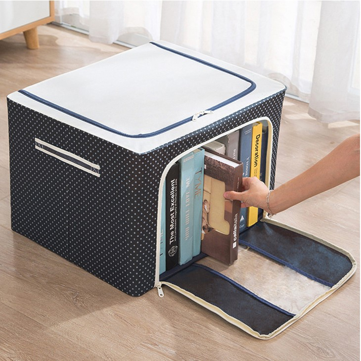 Cutie de depozitare pliabila, cu fermoar, 100 l, textil, 60x42x40 cm, albastru marin, cadru metalic, suport baza stabil din plastic, imprimeu buline [4]