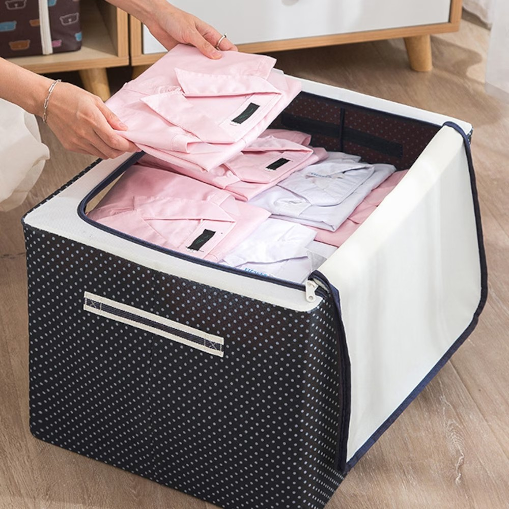 Cutie de depozitare pliabila, cu fermoar, 100 l, textil, 60x42x40 cm, albastru marin, cadru metalic, suport baza stabil din plastic, imprimeu buline [5]