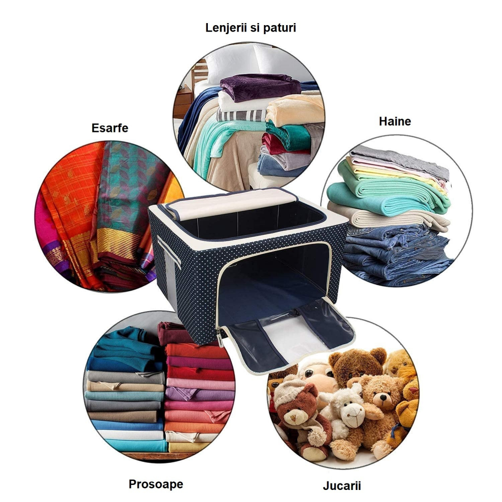 Cutie de depozitare pliabila, cu fermoar, 100 l, textil, 60x42x40 cm, albastru marin, cadru metalic, suport baza stabil din plastic, imprimeu buline [3]