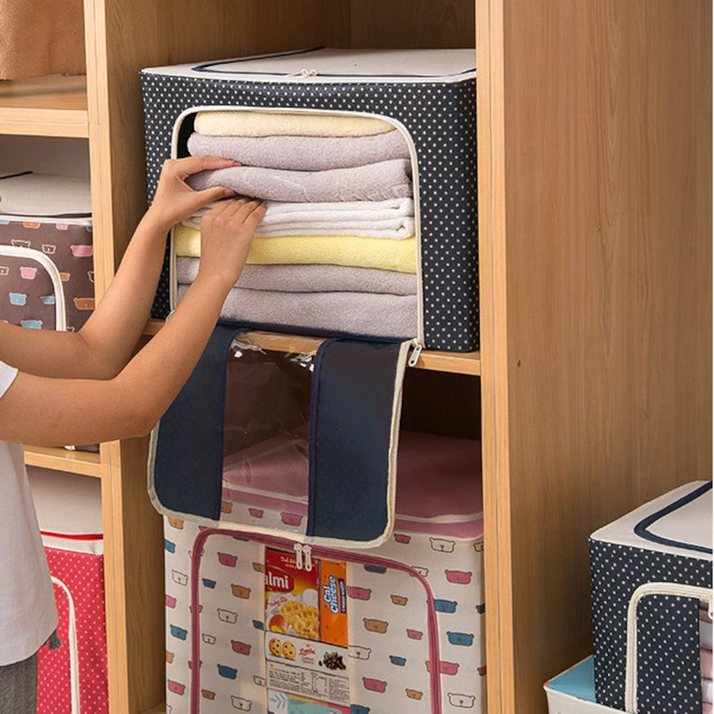 Cutie de depozitare pliabila, cu fermoar, 100 l, textil, 60x42x40 cm, albastru marin, cadru metalic, suport baza stabil din plastic, imprimeu buline [6]