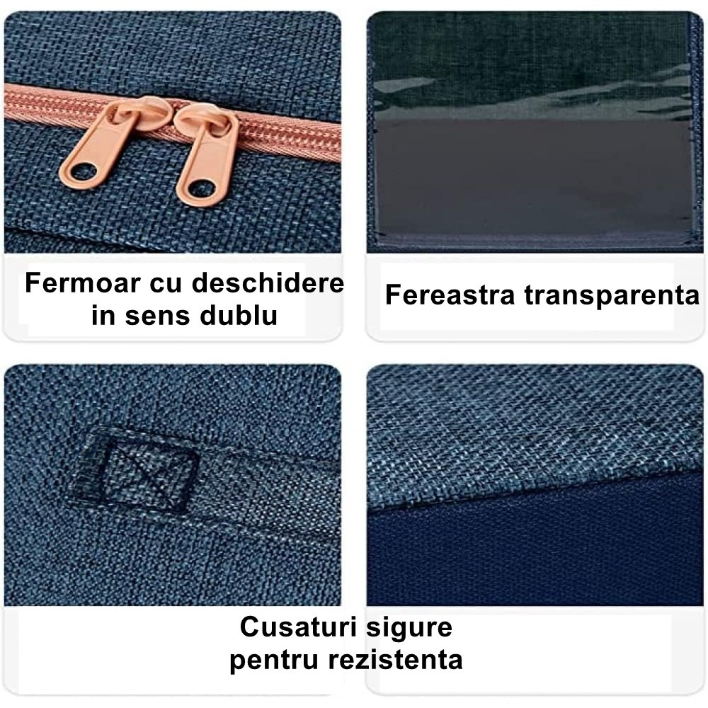 Cutie de depozitare pliabila, cu fermoar, 100 l, textil, 60x42x40 cm, cadru metalic, suport baza stabil din plastic, albastru marin cu doua ferestre [2]