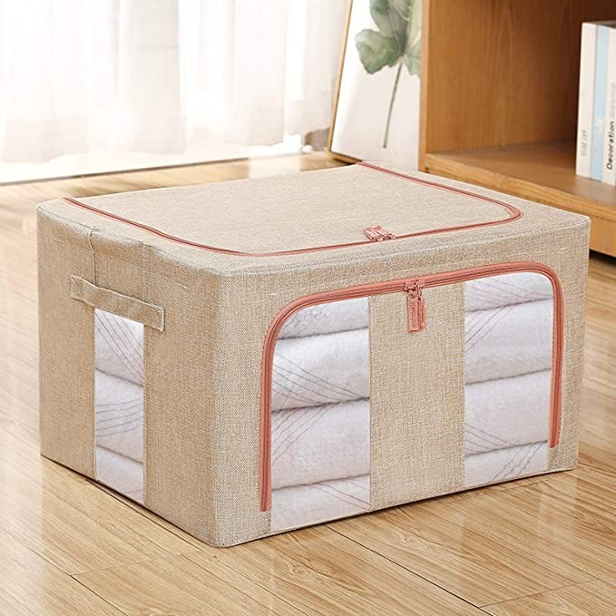 Cutie de depozitare pliabila, cu fermoar, 100 l, textil, 60x42x40 cm, cadru metalic, suport baza stabil din plastic, crem cu doua ferestre [4]