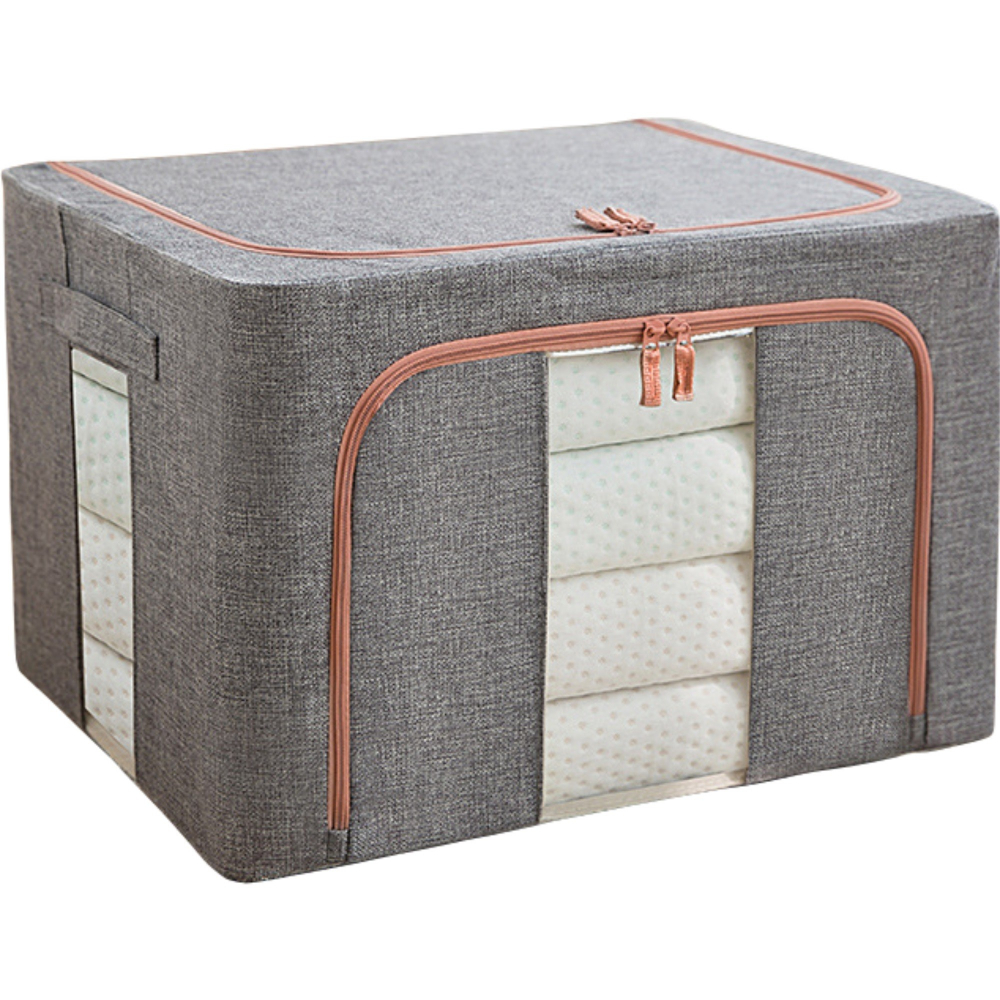 Cutie de depozitare pliabila, cu fermoar, 100 l, textil, 60x42x40 cm, cadru metalic, suport baza stabil din plastic, gri, cu doua ferestre [1]
