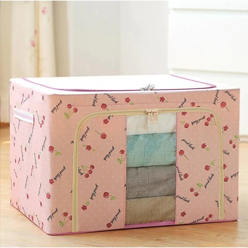 Cutie de depozitare pliabila, cu fermoar, 100 l, textil, 60x42x40 cm, cu fereastra, cadru metalic, suport baza stabil din plastic, imprimeu cirese, roz [3]