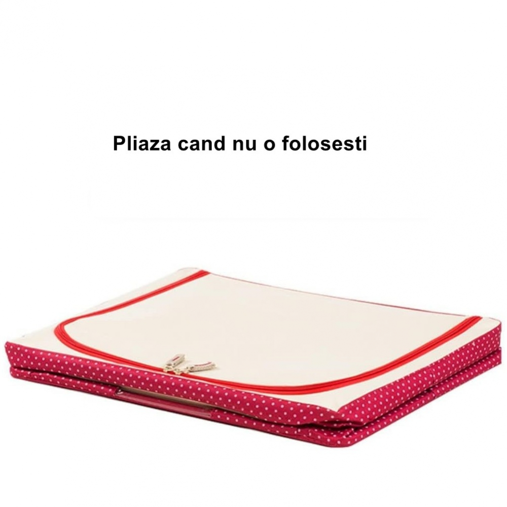 Cutie de depozitare pliabila, cu fermoar, 100 l, textil, 60x42x40 cm, o fereastra, cadru metalic, suport baza stabil din plastic, imprimeu punctat, rosu [2]