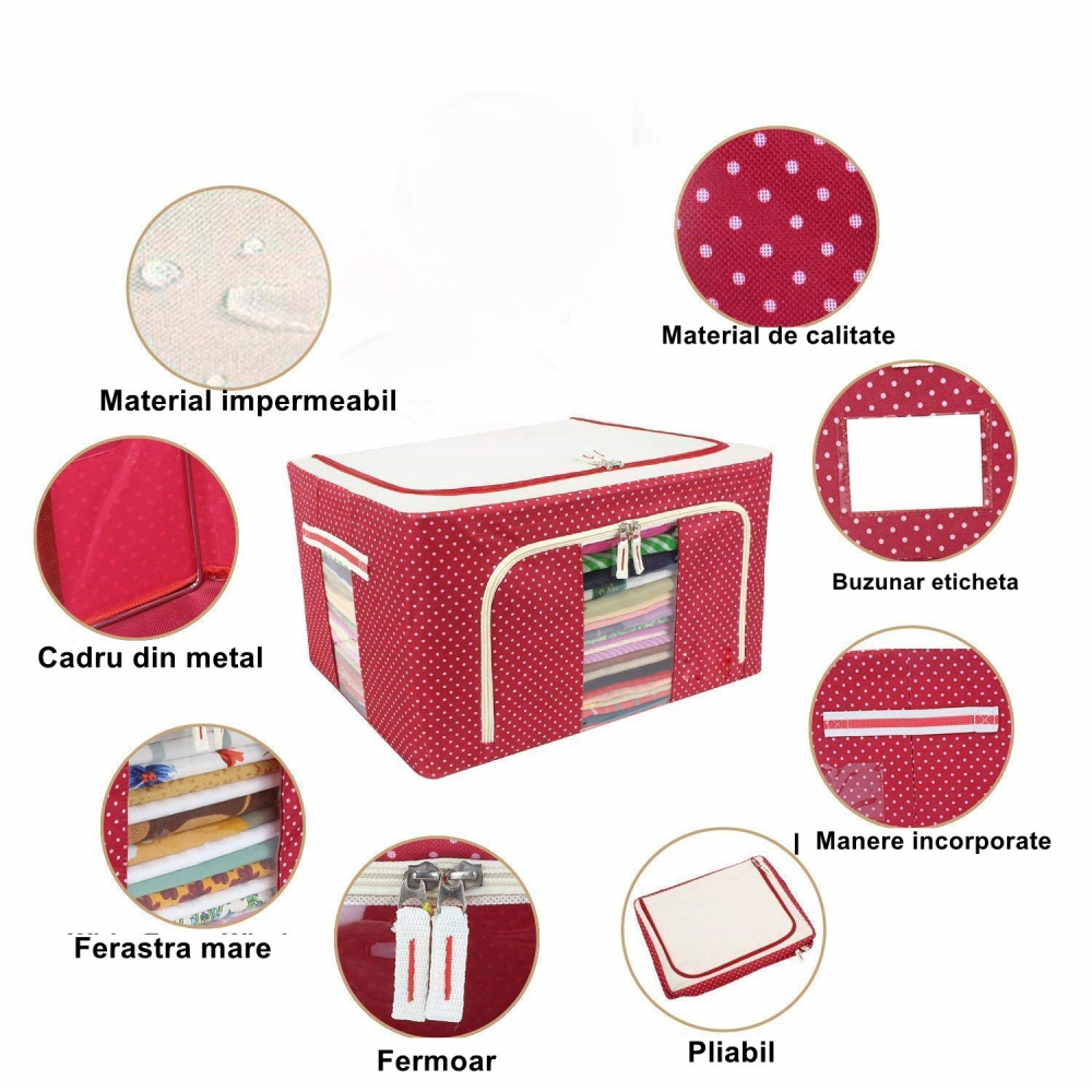 Cutie de depozitare pliabila, cu fermoar, 100 l, textil, 60x42x40 cm, o fereastra, cadru metalic, suport baza stabil din plastic, imprimeu punctat, rosu [4]