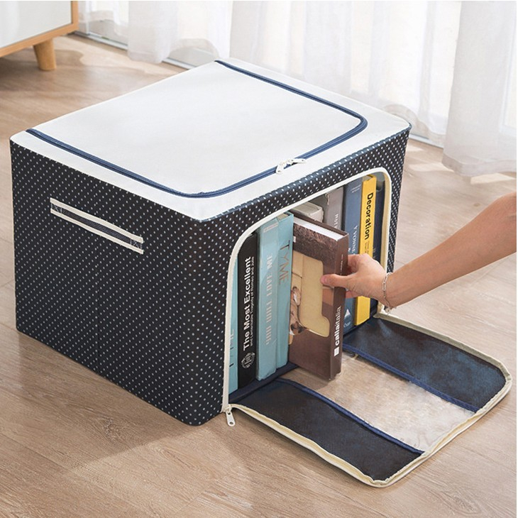 Cutie de depozitare pliabila, cu fermoar, 66 l, textil, 50 x 40 x 33 cm, cadru metalic, suport baza stabil din plastic, imprimeu buline, albastru marin [6]