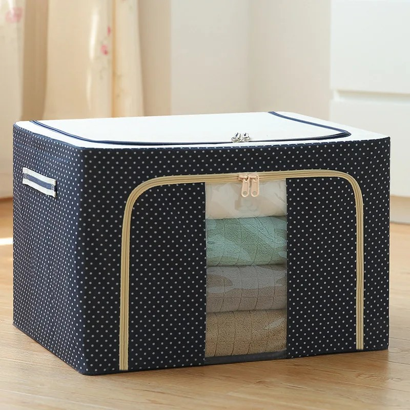 Cutie de depozitare pliabila, cu fermoar, 66 l, textil, 50 x 40 x 33 cm, cadru metalic, suport baza stabil din plastic, imprimeu buline, albastru marin [3]