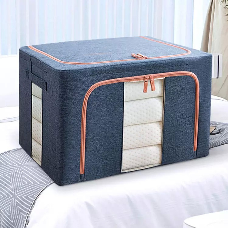 Cutie de depozitare pliabila, cu fermoar, 66 l, textil, 50x40x33 cm, albastru marin, cadru metalic, suport baza stabil din plastic, cu doua ferestre [2]