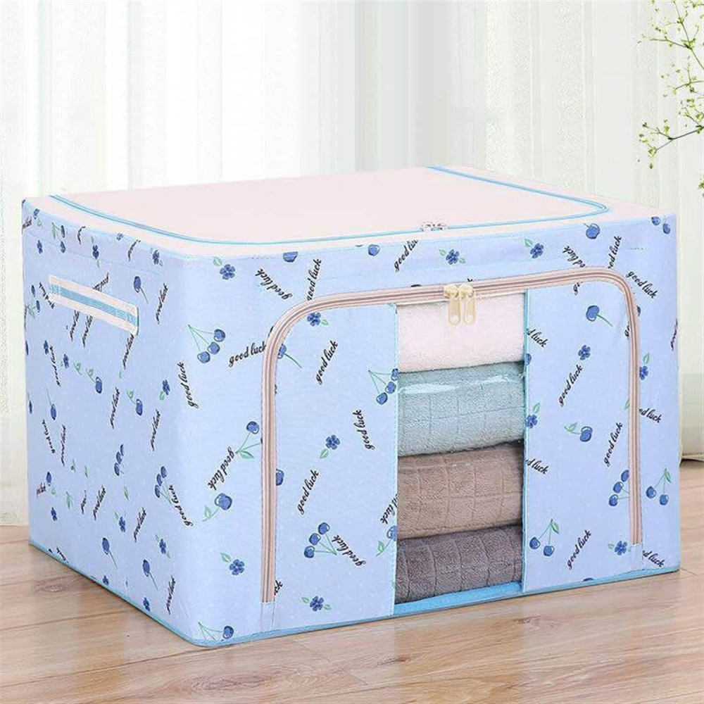 Cutie de depozitare pliabila, cu fermoar, 66 l, textil, 50x40x33 cm, cu 2 ferestre, cadru metalic, suport baza stabil din plastic, imprimeu cirese, albastru [2]