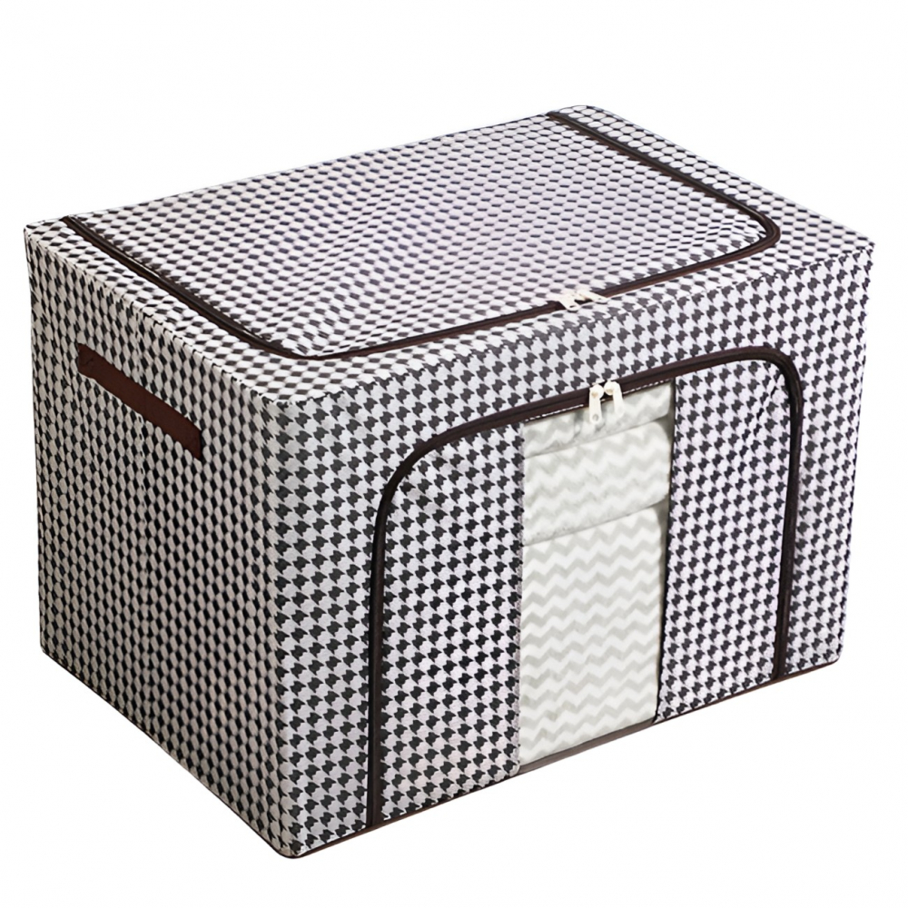 Cutie de depozitare pliabila, cu fermoar bidirectional, 100 l, textil, 60x42x40 cm, cadru metalic, o fereastra, suport baza stabil din plastic, design zebra, alb negru [1]