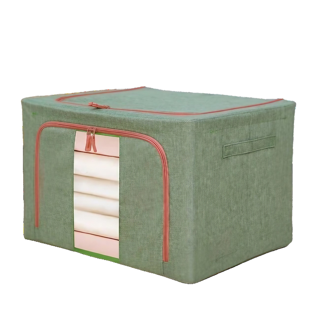 Cutie de depozitare pliabila, cu fermoar bidirectional, 66 l, textil, 50x40x33 cm, cadru metalic, o fereastra, suport baza stabil din plastic, verde [1]