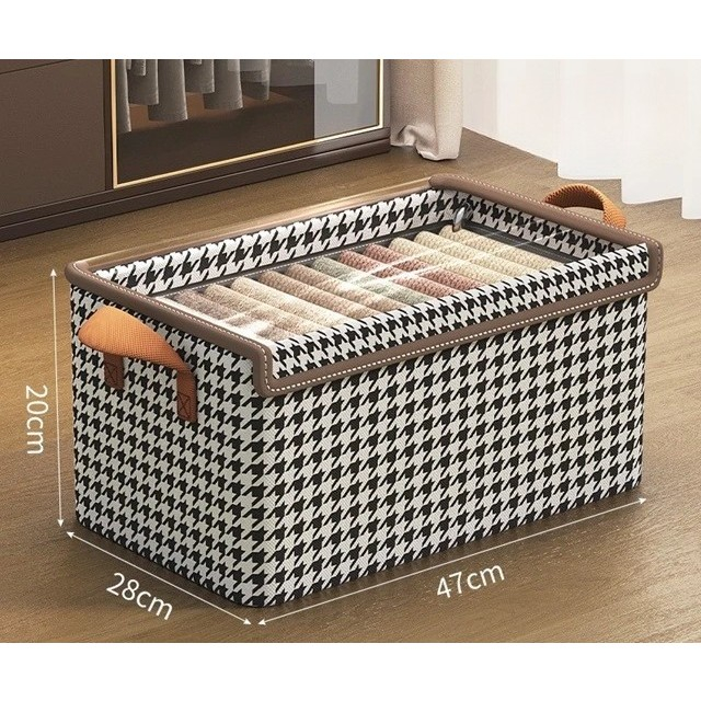 Cutie de depozitare tip cos, capac transparent, model in carouri, model mediu, maro [2]
