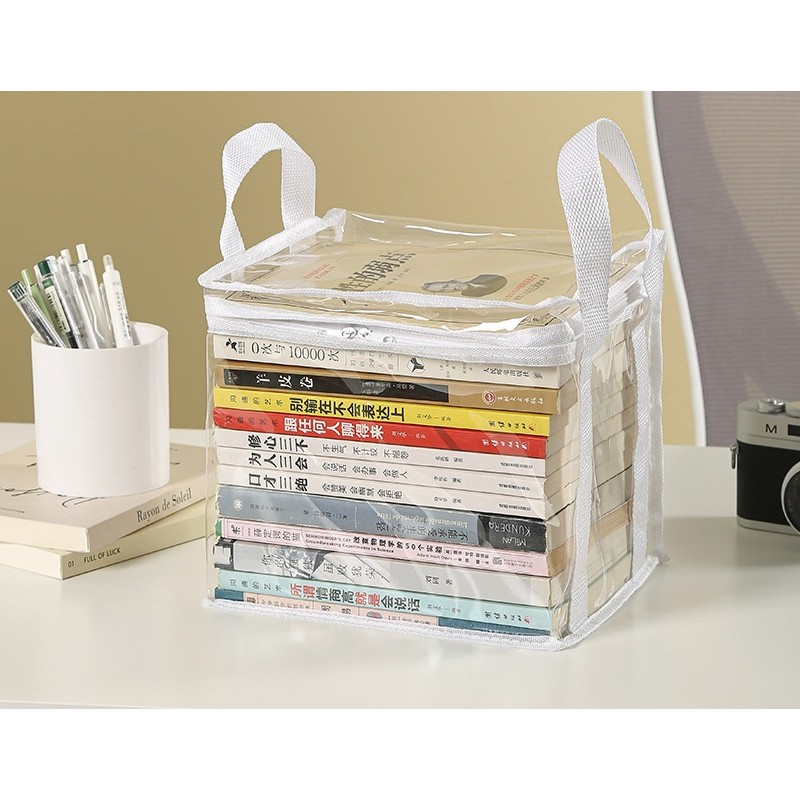 Cutie de depozitare tip cos, din pvc+textil, rezistenta la apa, geanta pentru carti, 23x17x28 cm, transparent-alb [5]