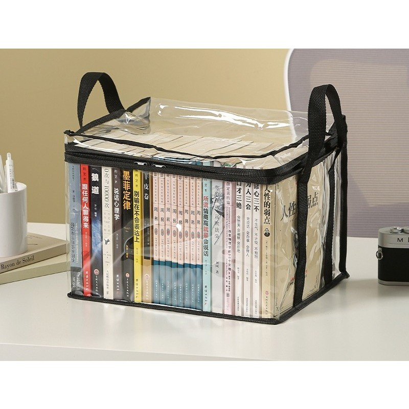 Cutie de depozitare tip cos, din pvc + textil, rezistenta la apa, geanta pentru carti, 32x24x25 cm, transparent-negru [6]