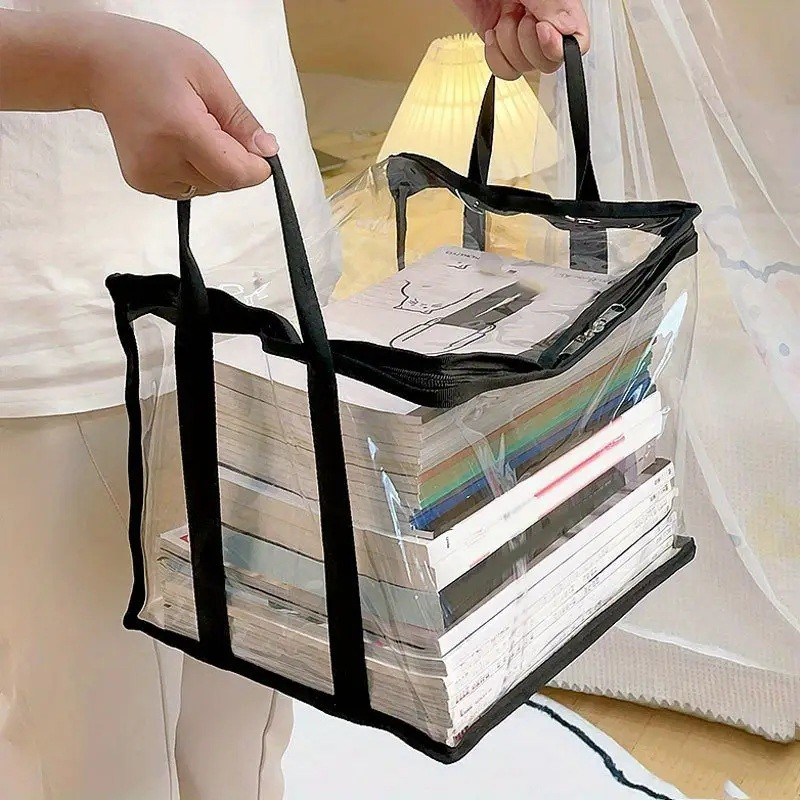 Cutie de depozitare tip cos, din pvc + textil, rezistenta la apa, geanta pentru carti, 32x24x25 cm, transparent-negru [4]