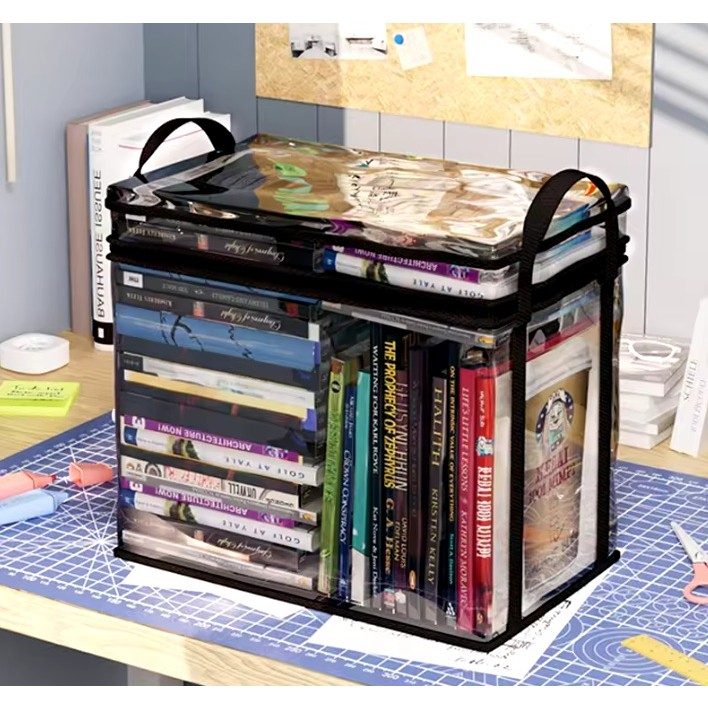 Cutie de depozitare tip cos, din pvc + textil, rezistenta la apa, geanta pentru carti, 38x24x32 cm, transparent-negru [7]