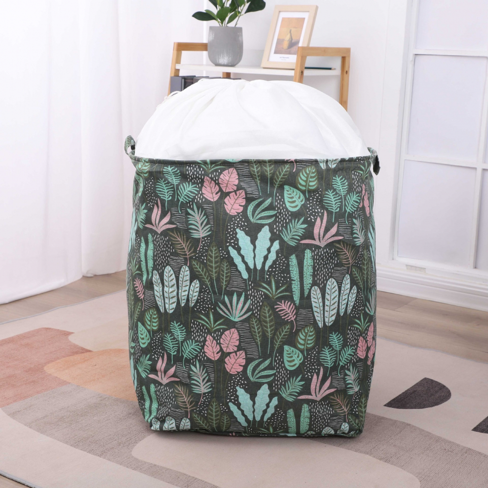 Cutie de depozitare tip cos, impermeabila, cu snur, capacitate 100 l, cu manere, 50x50x40cm, model frunze, verde [10]