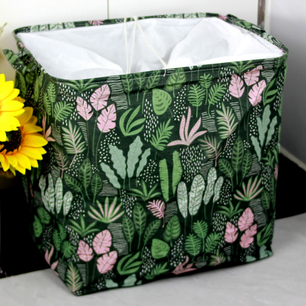 Cutie de depozitare tip cos, impermeabila, cu snur, capacitate 100 l, cu manere, 50x50x40cm, model frunze, verde [11]