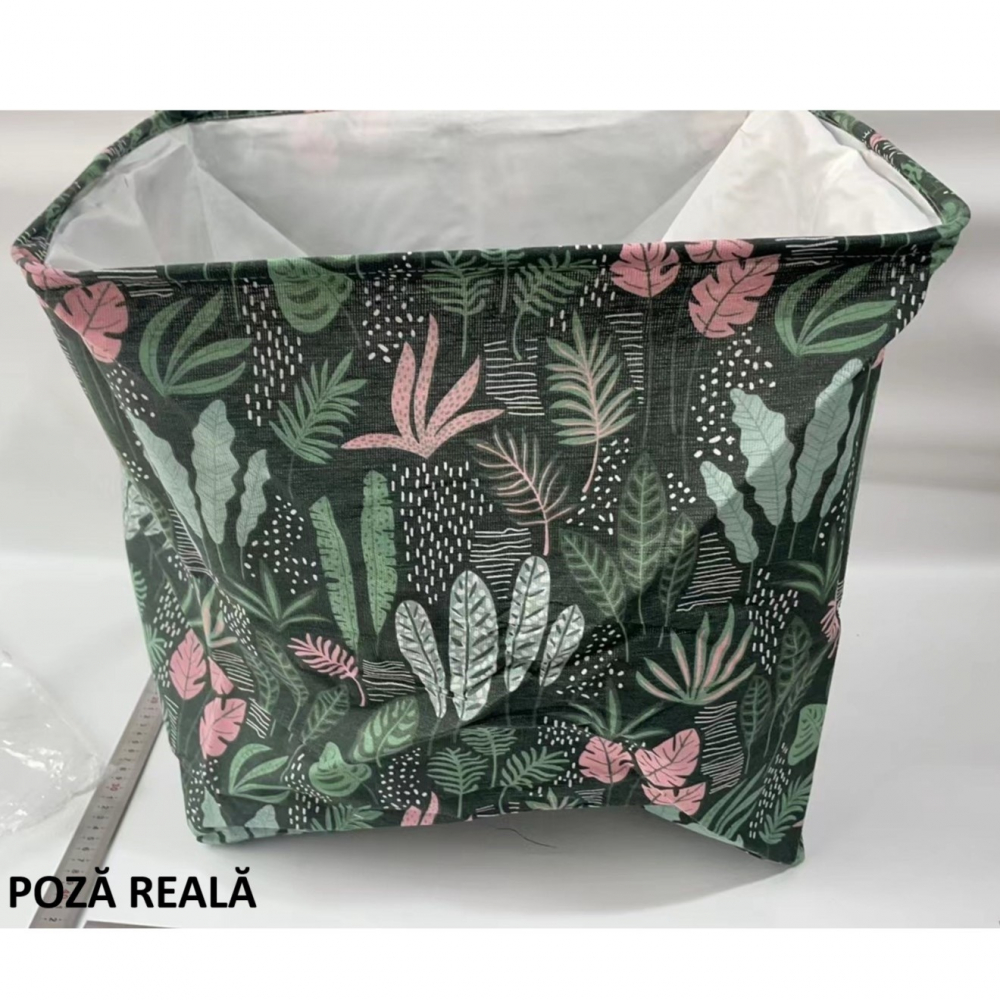 Cutie de depozitare tip cos, impermeabila, cu snur, capacitate 100 l, cu manere, 50x50x40cm, model frunze, verde [13]