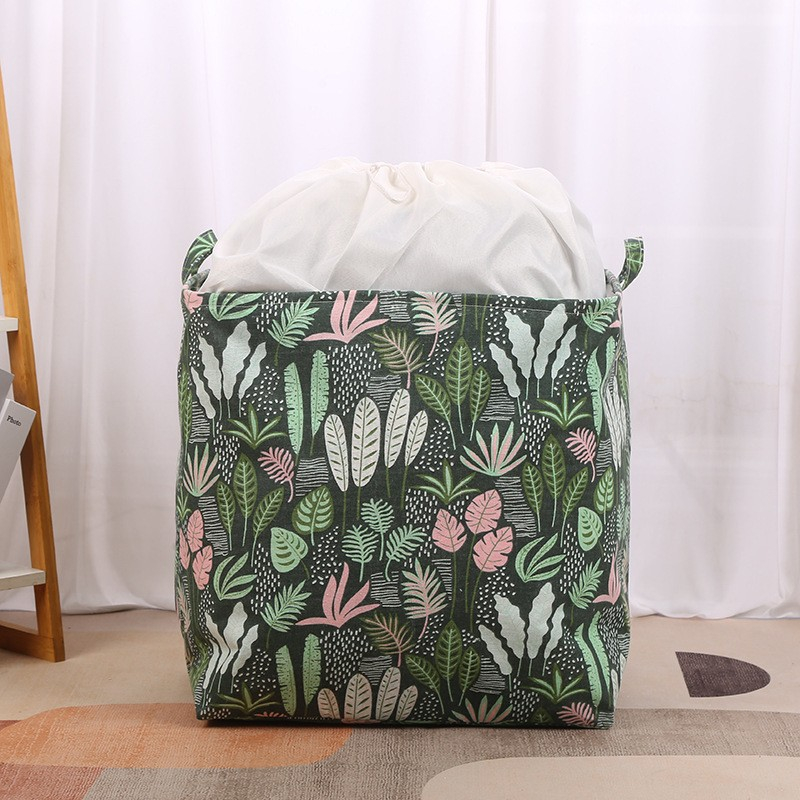 Cutie de depozitare tip cos, impermeabila, cu snur, capacitate 100 l, cu manere, 50x50x40cm, model frunze, verde [9]