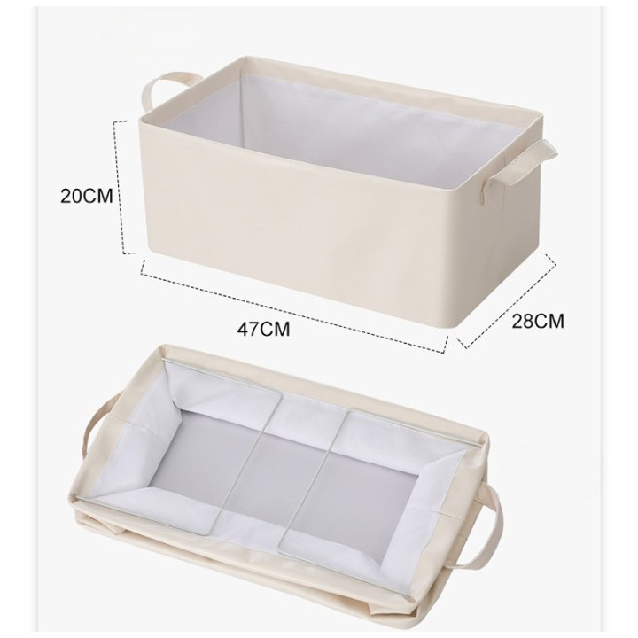 Cutie de depozitare tip cos, material piele ecologica, pliabila, 47x28x20 cm, 26 l, cadru metalic, cu manere, bej [2]