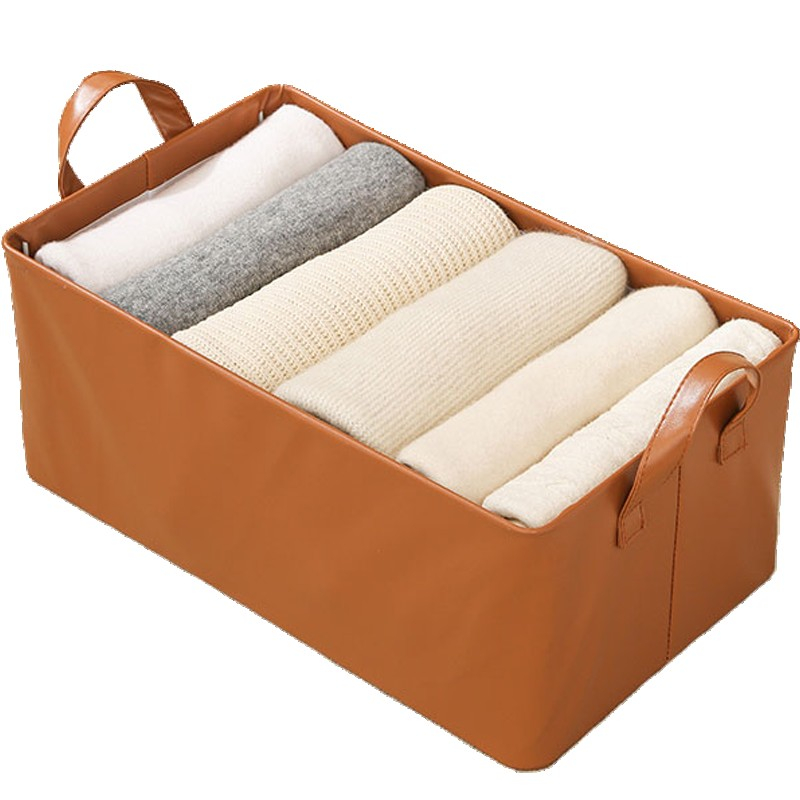 Cutie de depozitare tip cos, material piele ecologica, pliabila, 47x28x20 cm, 26 l, cadru metalic, cu manere, maro [1]