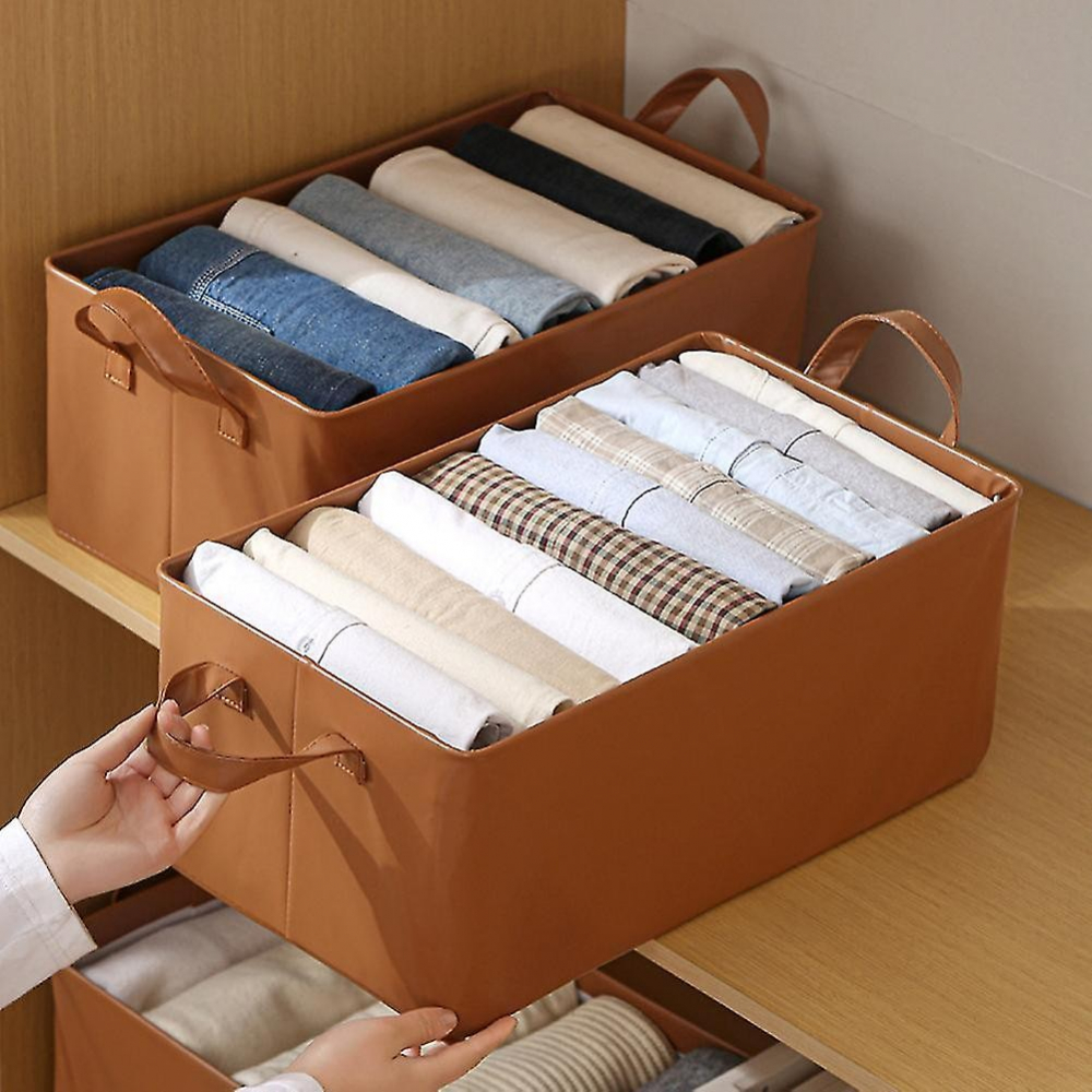 Cutie de depozitare tip cos, material piele ecologica, pliabila, 47x28x20 cm, 26 l, cadru metalic, cu manere, maro [2]