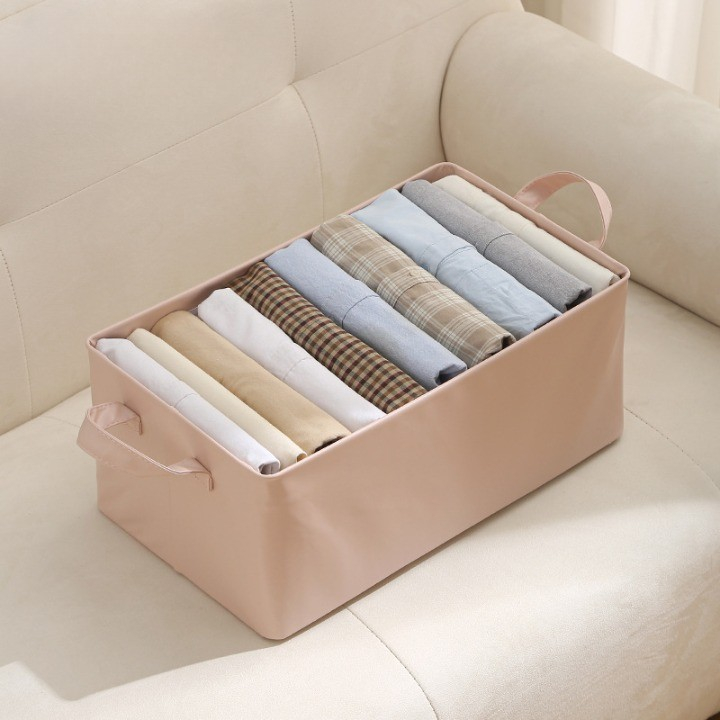 Cutie de depozitare tip cos, material piele ecologica, pliabila, 47x28x20 cm, 26 l, cadru metalic, cu manere, roz [3]