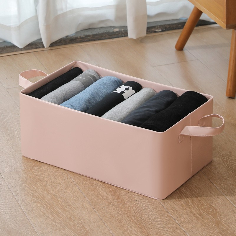 Cutie de depozitare tip cos, material piele ecologica, pliabila, 47x28x20 cm, 26 l, cadru metalic, cu manere, roz [2]