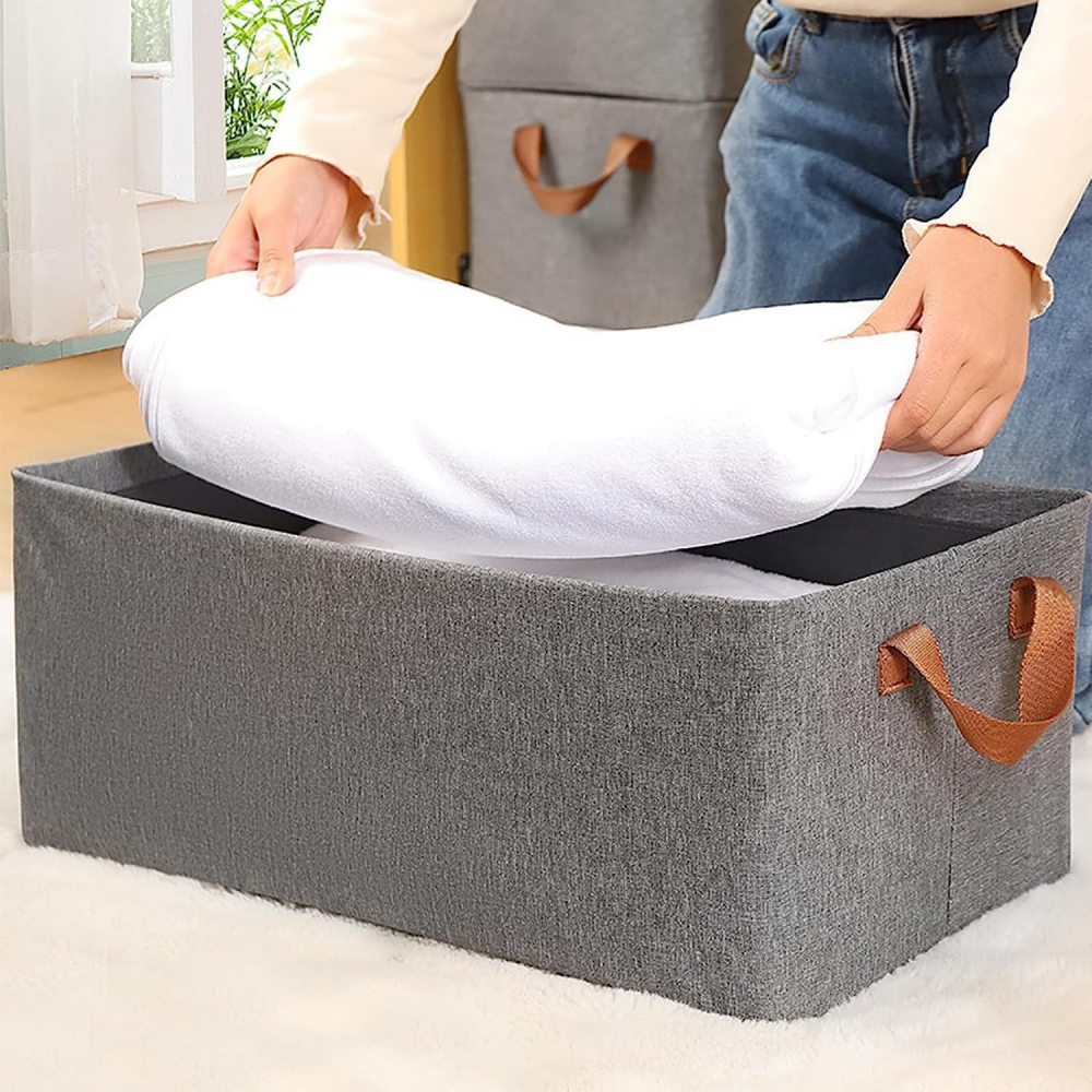 Cutie de depozitare tip cos, material textil, pliabila, 47x28x20 cm, 35 l, cadru metalic, cu manere, maro [4]