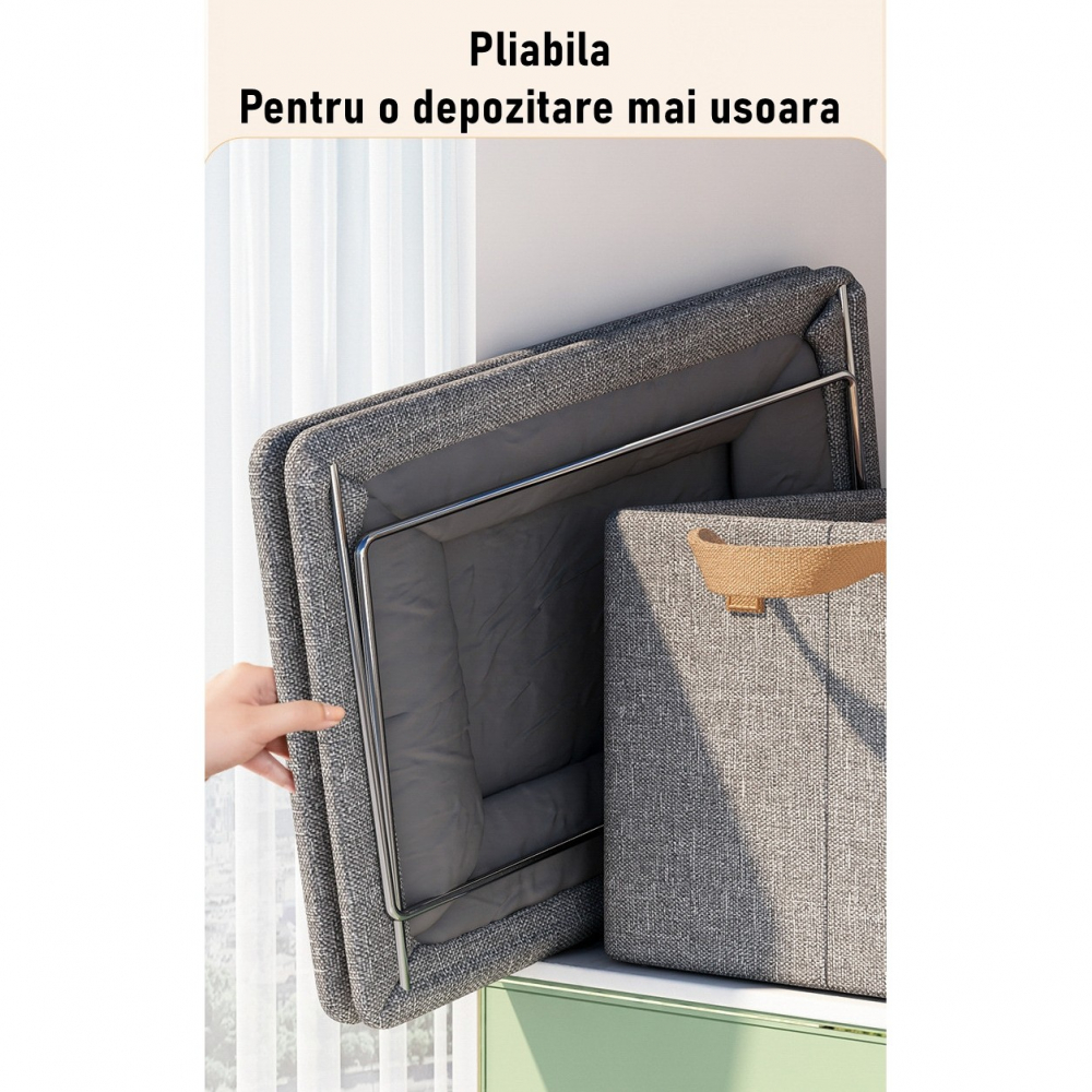 Cutie de depozitare tip cos, textil, pliabila, 47x28x20 cm, cadru metalic, cu manere, gri [3]