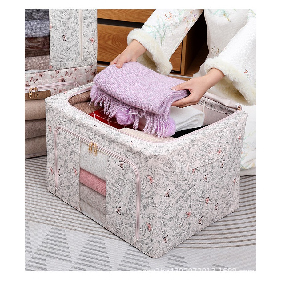 Cutie depozitare, 66l, din material textil, 50 x 40 x 33 cm, pentru haine si lenjerii, model fluturasi, bej [5]