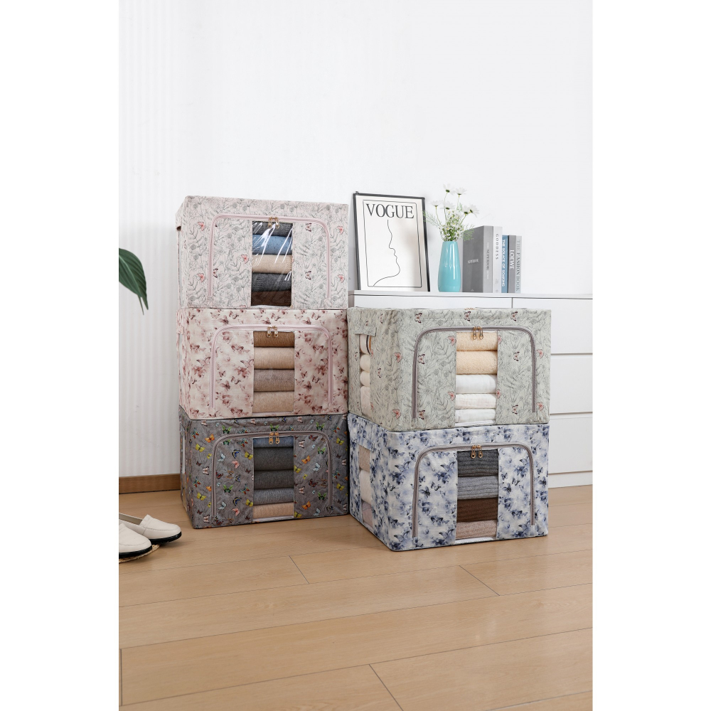 Cutie depozitare, 66l, din material textil, 50 x 40 x 33 cm, pentru haine si lenjerii, model fluturasi, gri inchis [2]