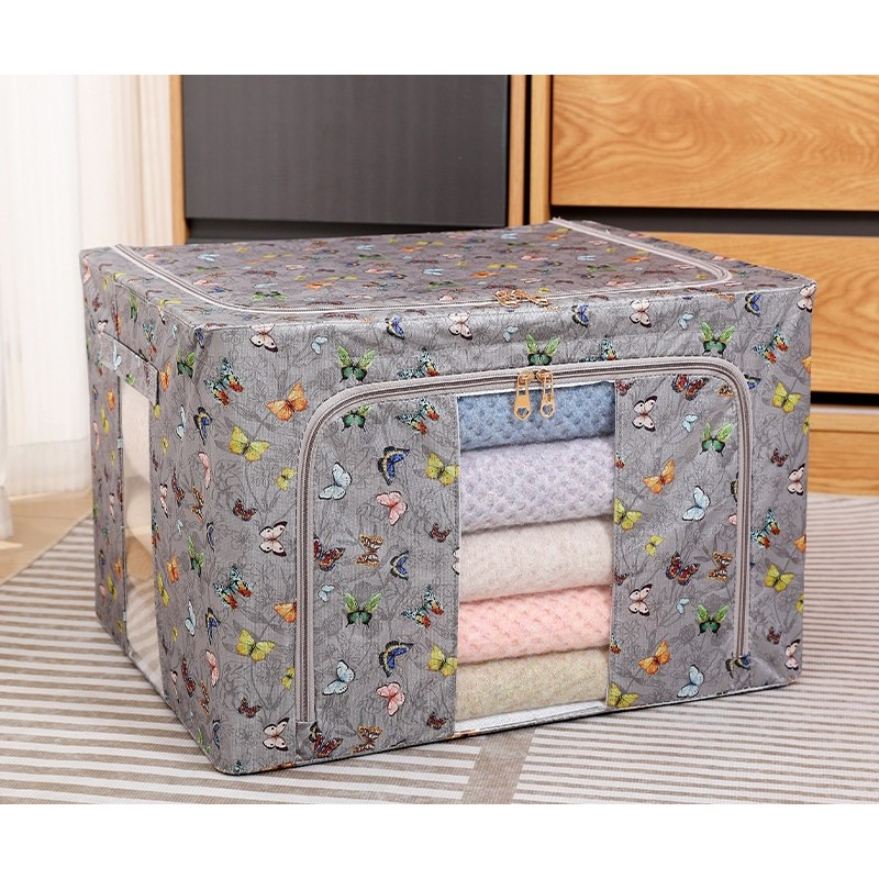 Cutie depozitare, 66l, din material textil, 50 x 40 x 33 cm, pentru haine si lenjerii, model fluturasi, gri inchis [5]