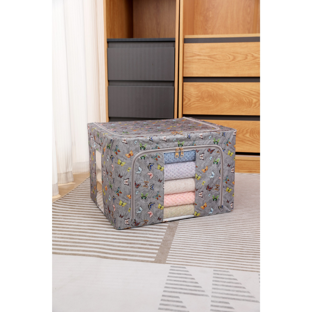 Cutie depozitare, 66l, din material textil, 50 x 40 x 33 cm, pentru haine si lenjerii, model fluturasi, gri inchis [3]