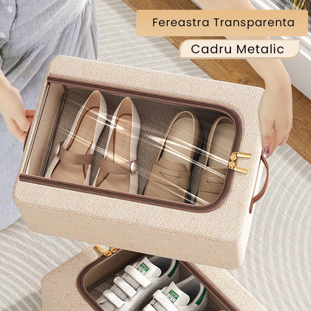 Cutie depozitare cu cadru metalic, pentru incaltaminte, haine, lingerie, fermoar calitativ, fereastra transparenta, manere laterale, 40 x 30 x 15 cm bej [4]